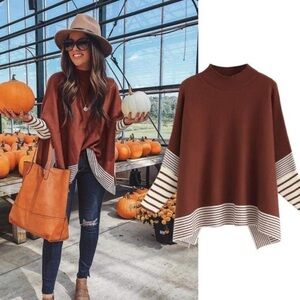 CHICWISH Sweater Lie in Caramel Fields Knit Cape Striped Cozy Blogger Favorite